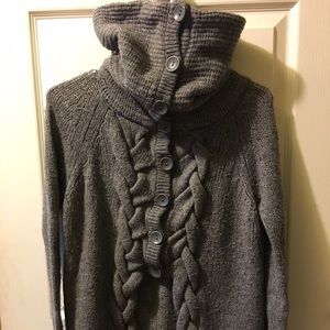 Gray Knit Cardigan Sweater with Braided Detail