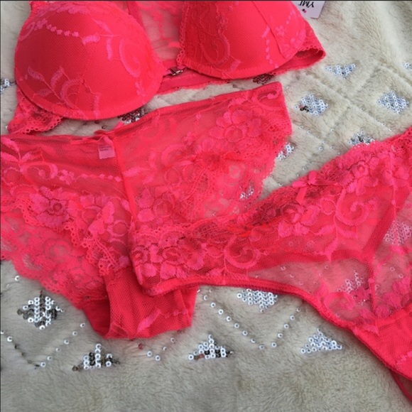 3 pc bra panty thong set racerback lace pink coral - Picture 2 of 4