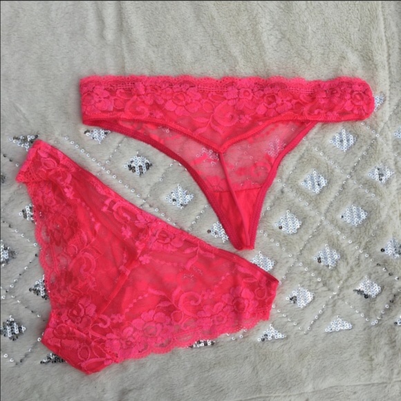 3 pc bra panty thong set racerback lace pink coral - Picture 3 of 4