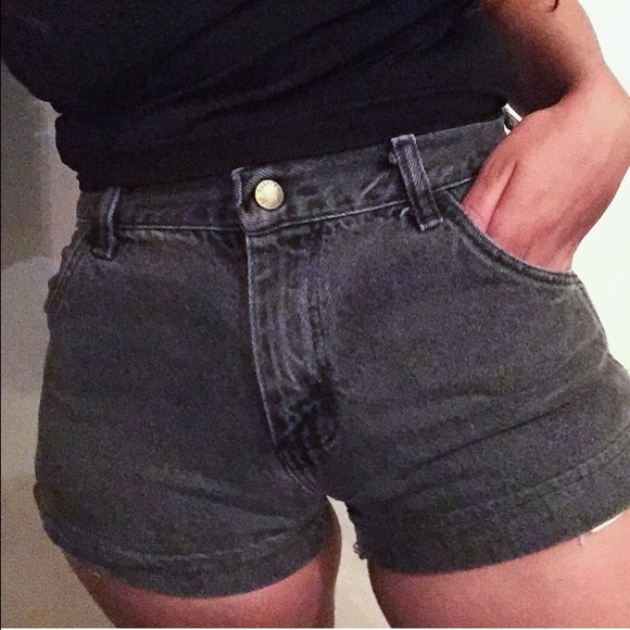 Stone washed denim high waisted shorts.