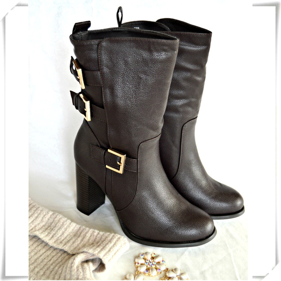 Shoe Dazzle Shoes - Ema mid calf gold buckles boots