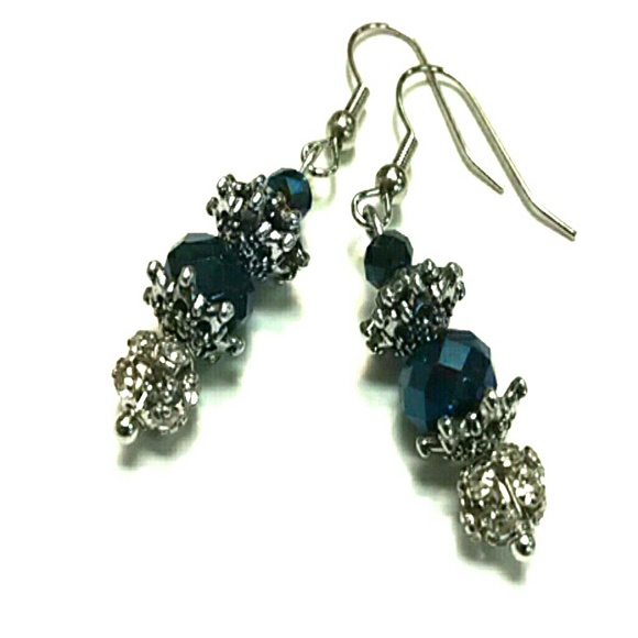 Blue Crystal Earrings with Silver Accents - Picture 1 of 4