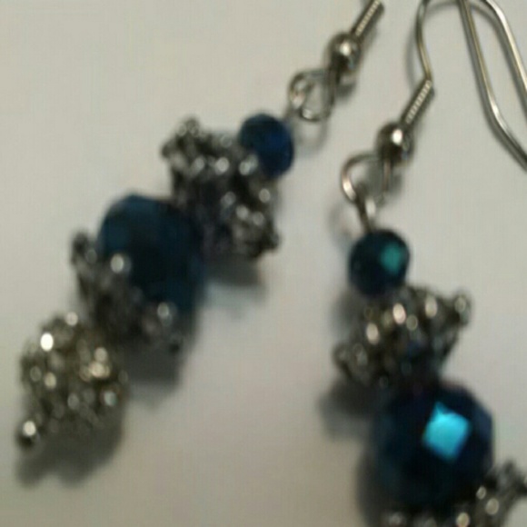 Blue Crystal Earrings with Silver Accents - Picture 2 of 4