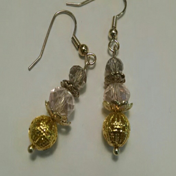Pink Crystal Earrings with Gold Accents - Picture 2 of 3