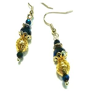 Blue Crystal Earrings with Gold Accents