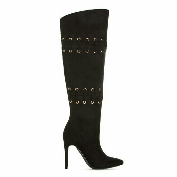 Calliah Heeled Boots Bn Black With Gold Grommets - Picture 2 of 6
