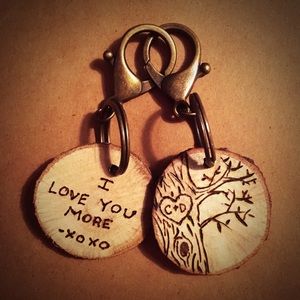 Double sided matching wood Burned keychains custom