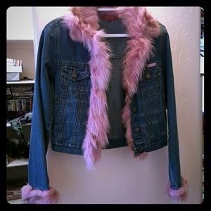 Gi and Jo girls Demin jacket with pink fuzz.