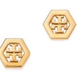TORY BURCH GOLD STUD LOGO EARRINGS NEW