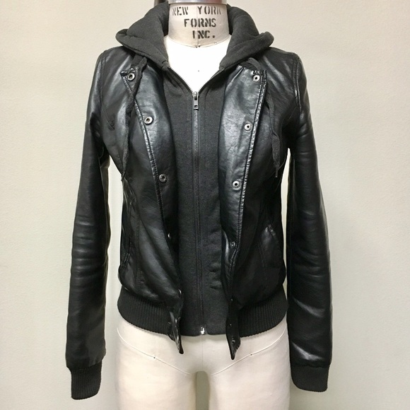 Foreign Exchange black PU fleece hoodie jacket SM