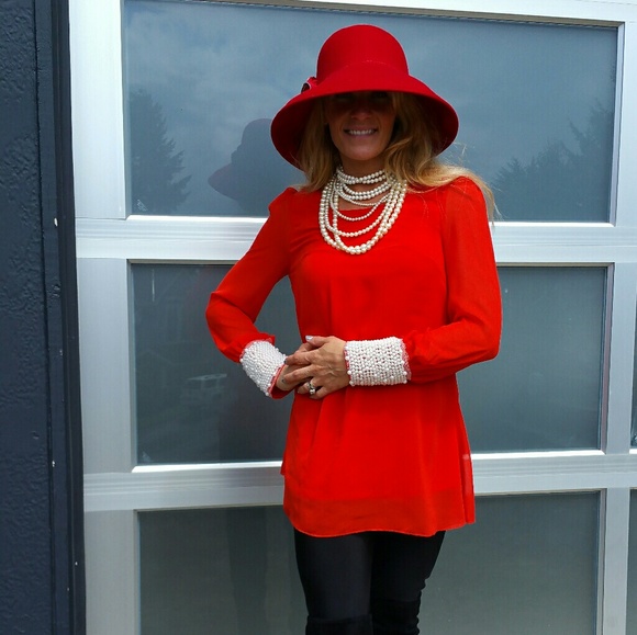 Tops - GOREGOUS RED TOP WITH BEADED CUFF DETAILS