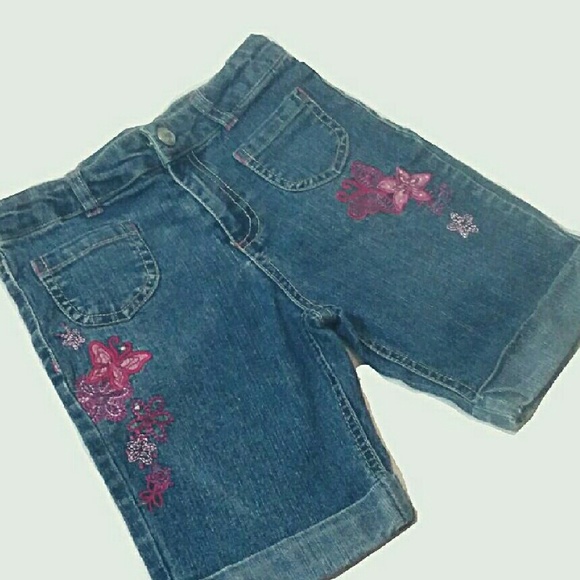 Denim Shorts with pink embroidered flowers