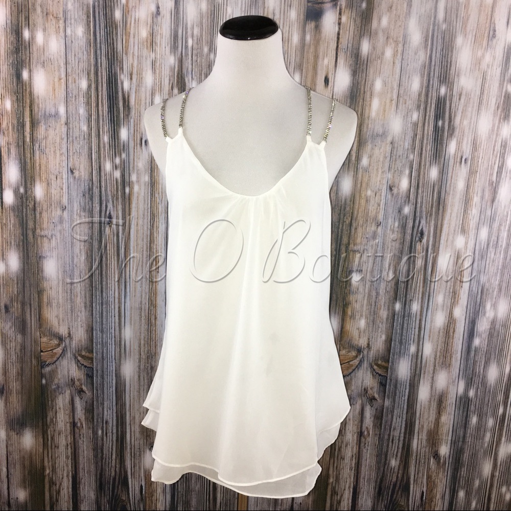 •LAST 1• White Rhinestone Straps Chiffon Tank - Picture 2 of 3