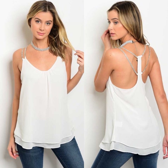 Boutique Tops - •LAST 1• White Rhinestone Straps Chiffon Tank