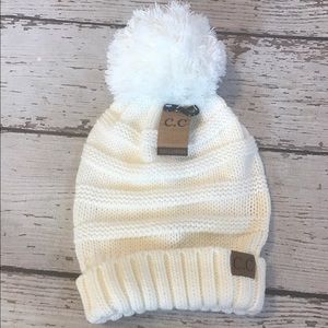 CC Ivory Slouchy Hat with Pom Pom