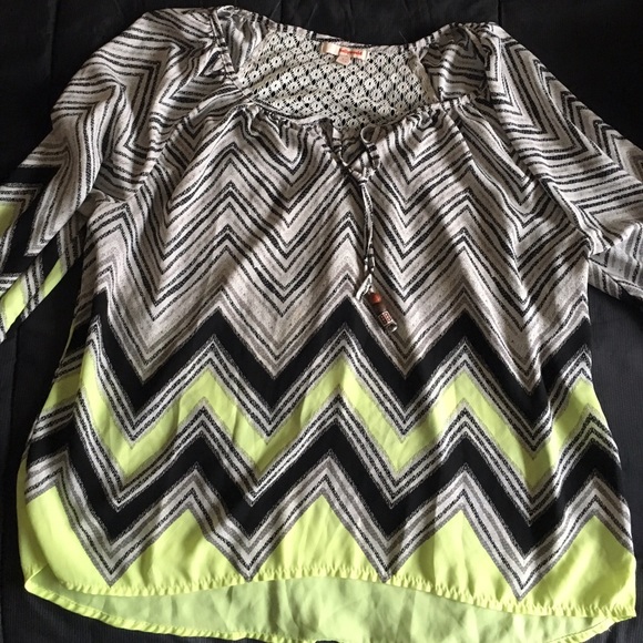 Black white and grey and lime green blouse