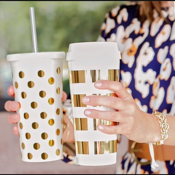 Kate Spade Other - Kate Spade Gold Polka Dot Tumbler with Straw