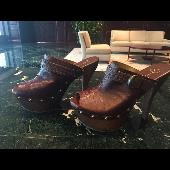 JS Brown Leather "Wilone" Open-Toe Mule w/studs