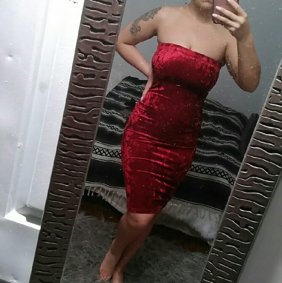 Strapless velvet dress.