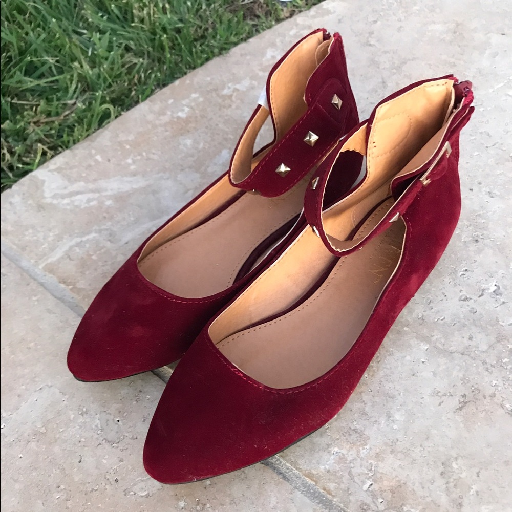 Burgundy Velvet Gold Stud Strap Point Flats
