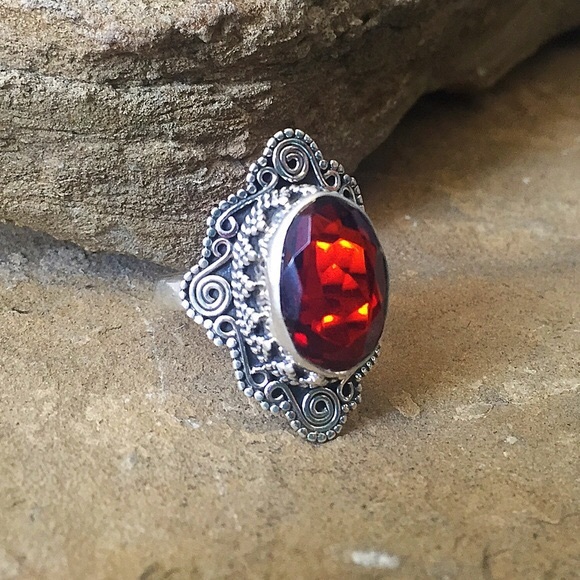 Solid Sterling Silver Red Garnet Ring
