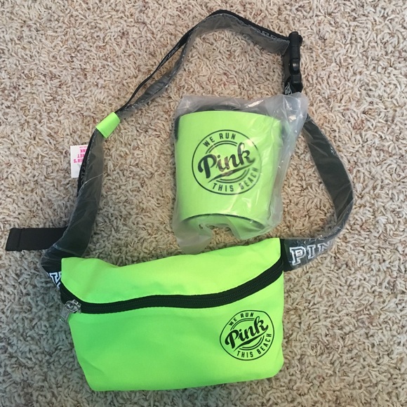 VS PINK Bright Green Fannypack and Drink Cousy 💚