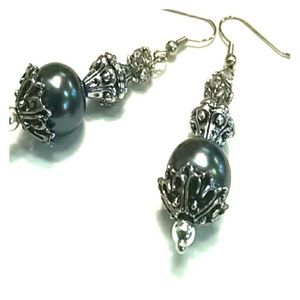 Black Pearl Victorian Earrings with Silver Accents