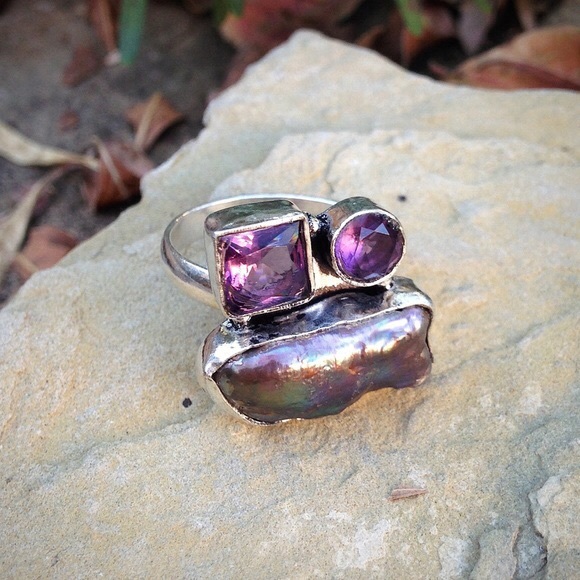 sterling silver plated quartz & abalone shell ring size 9 - Picture 2 of 4