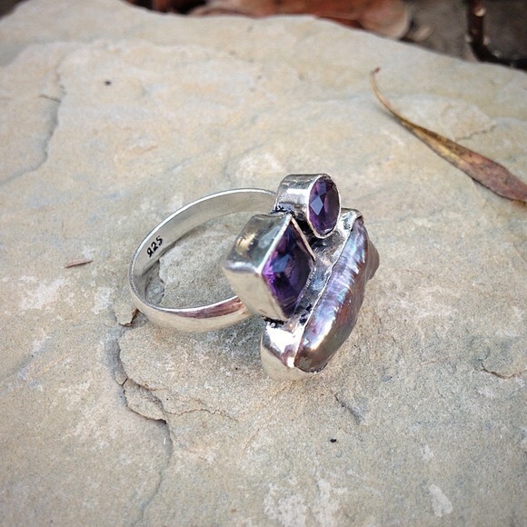 sterling silver plated quartz & abalone shell ring size 9 - Picture 3 of 4