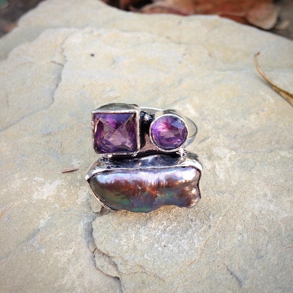 sterling silver plated quartz & abalone shell ring size 9 - Picture 4 of 4