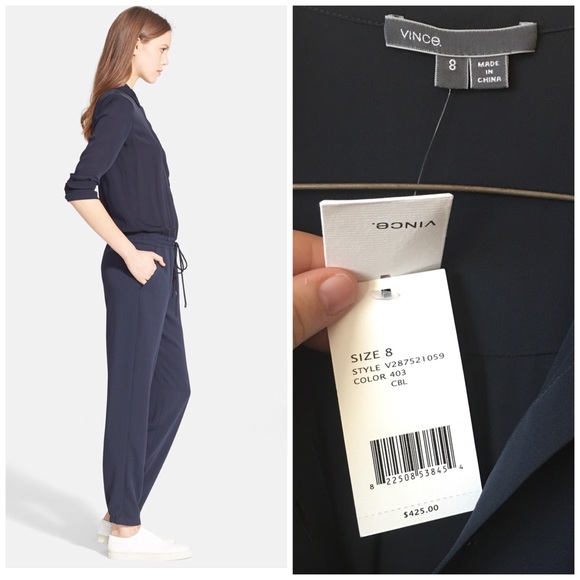 Vince Mixed Media Long Sleeve Jumpsuit Blue - Picture 2 of 4