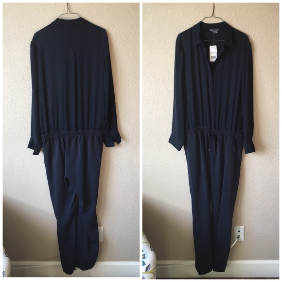 Vince Mixed Media Long Sleeve Jumpsuit Blue - Picture 3 of 4