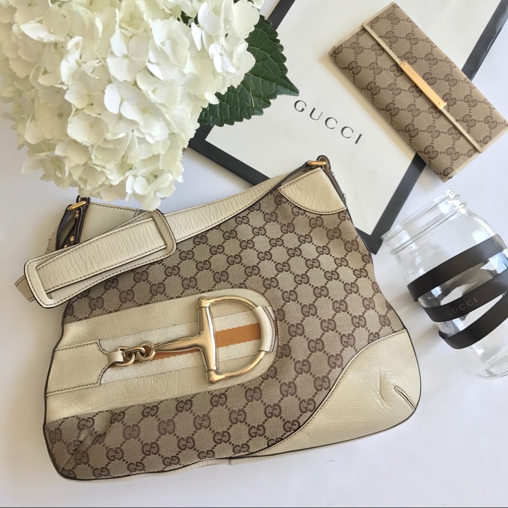 Gucci white & beige GG canvas Hasler Horsebit Hobo - Picture 1 of 5