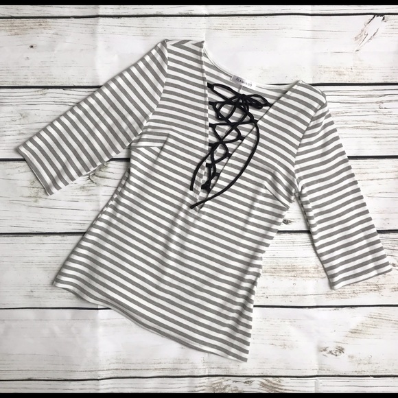 Gray White Casual Striped Black Lace Up Shirt