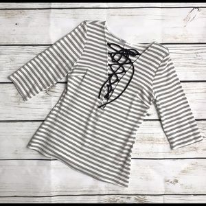 Gray White Casual Striped Black Lace Up Shirt