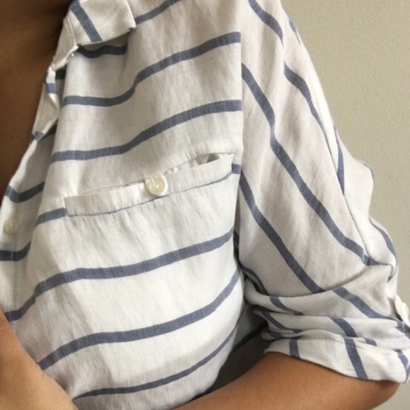 White & Navy Striped Button Up Blouse
