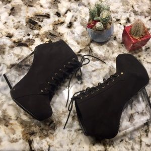 Black suede booties + clear heel