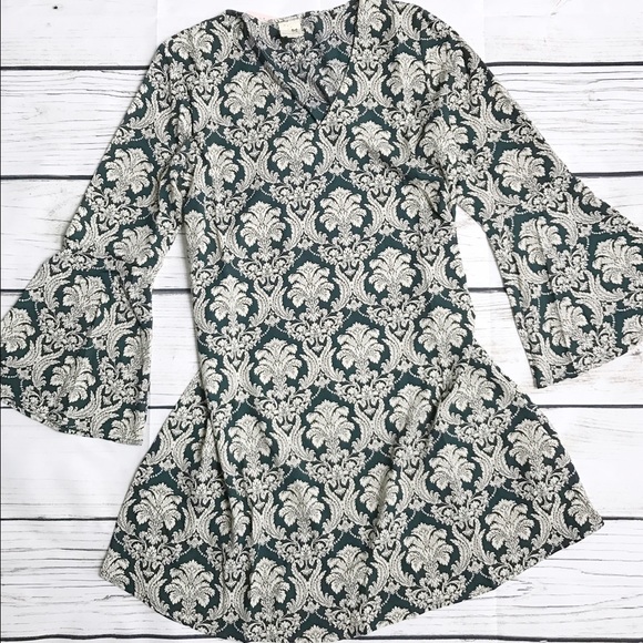 Green Damask Boho Tunic Short Summer Spring Dress