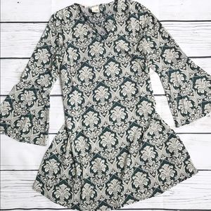 Green Damask Boho Tunic Short Summer Spring Dress