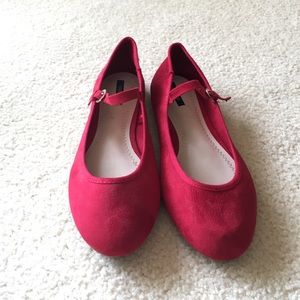 Red Mary-Jane faux suede ballet flats.
