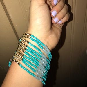 Blue, teal, and gold beaded bracelet