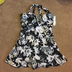 Black white floral swim suit peplum