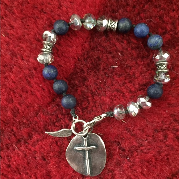Beaded Bracelet with Cross and Feather charms