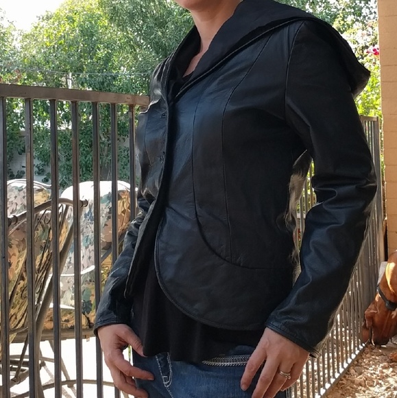 Adorable, classy black leather hooded jacket