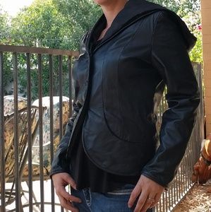 Adorable, classy black leather hooded jacket