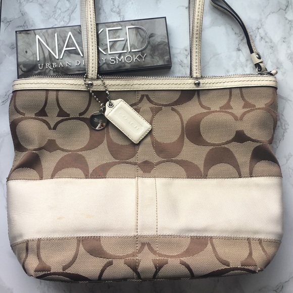 Cream and tan Coach hand bag. - Picture 1 of 4