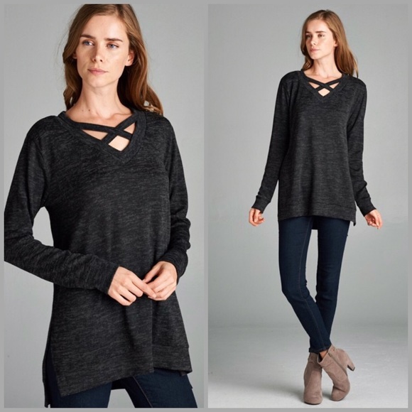 Black V Neck Criss Cross Sweater - Picture 2 of 3