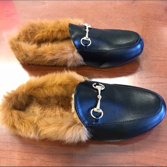 Princetown Leather and Lamb Fur Slippers