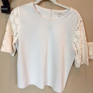 Ann Taylor LOFT light grey/ivory lace sleeve top