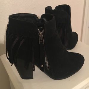 Black fringe heeled booties. Worn once.